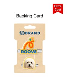 A custom shape acrylic hair clip featuring a design with a dog and a colourful logo on a backing card.