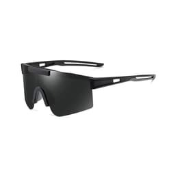 Frameless sports sunglasses in black with a sleek design and wide lenses. Featured with a logo on the side.