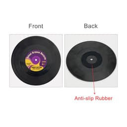A black vinyl record coaster featuring a purple label on one side and anti-slip rubber on the reverse side.
