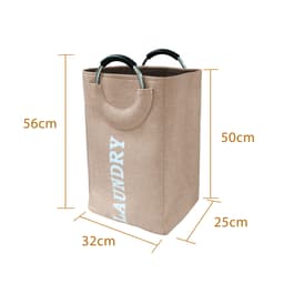 A laundry basket with handles in a beige fabric, featuring measurements of 56cm by 32cm by 25cm.