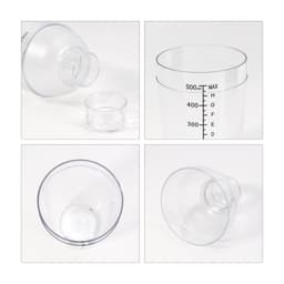 A drink bottle with a clear, transparent design and a removable filter top. It has measurement markings on the side.