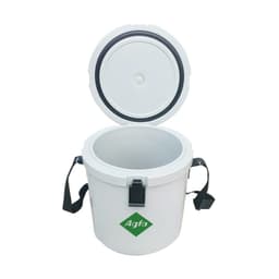A 12L white ice bucket with a removable lid and handy rope handles. Features a logo on the front.
