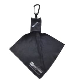 A black microfibre lens cloth with a carabiner attachment, featuring a logo and a textured edge.