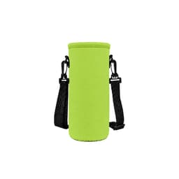 A drink bottle carrier in bright green with adjustable black straps for easy transport. Features a simple design.