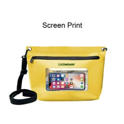 A yellow PVC crossbody phone bag with a transparent front pocket and a black strap, featuring a logo.