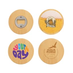 A round bamboo bottle opener coaster featuring natural wood tones and various printed designs.