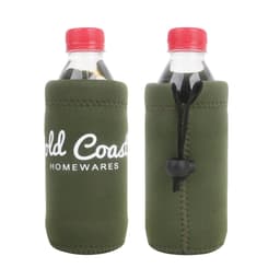 A drink bottle holder in olive green with a logo and a secure toggle for adjustable fit.
