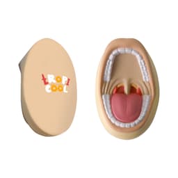 A mouth-shaped stress reliever in flesh tones with detailing on teeth and tongue, featuring a logo.