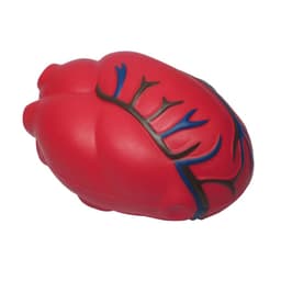 A red heart-shaped stress reliever with blue and black detailing, featuring a smooth, squeezable surface.