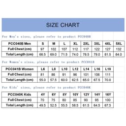 A size chart for singlets displaying measurements for men's, women's, and kids' sizes in a clear format.