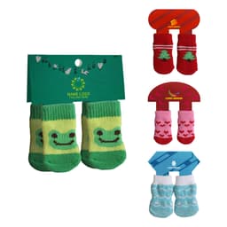 Four pairs of pet socks in various designs and colours: green with a smiley face, red with trees, pink with hearts, and blue with patterns.