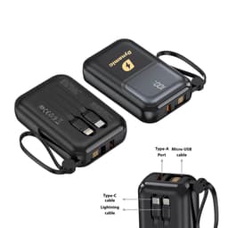A black 10000mAh eco portable power bank with multiple charging ports and a digital display. It includes a logo.