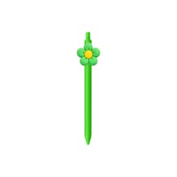 A green pen with a flower-shaped top in shades of green and yellow, featuring a logo on the side.