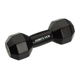 A black dumbbell-shaped stress reliever with a logo on the handle.