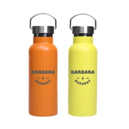 A drink bottle set featuring two 500ml double wall vacuum bottles in orange and yellow, with stainless steel lids and logos.