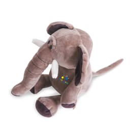 A brown elephant plush toy with floppy ears and a stitched trunk, featuring a logo on its front.