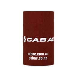 A drink bottle holder in a maroon colour with a logo, designed for keeping drinks cool.