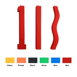 Three red sponge shapes, including a straight line, a stroke, and a wavy piece, with colour swatches below.
