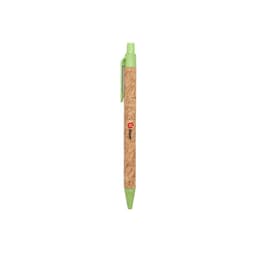 An eco-friendly pen with a cork barrel and green accents, featuring a branding logo.