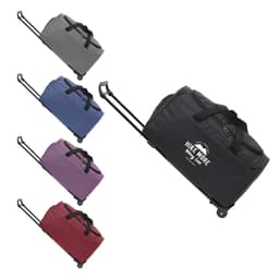 A wheeled duffel bag in grey, blue, purple, red, and black, featuring a logo on the side.