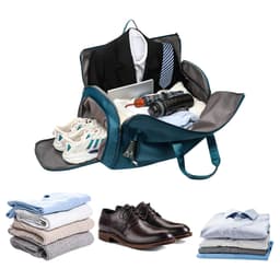 A teal convertible duffel bag opened to reveal clothes, a laptop, shoes, and a drink bottle, with a jacket and tie on top.