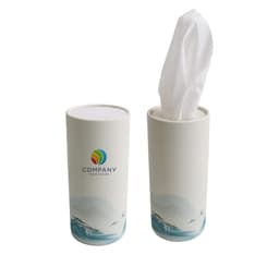 A cylindrical tissue dispenser in white with a scenic design and a logo on the front, holding a tissue.