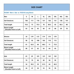 A size chart for the 100% Poly Micro Mesh Sublimated Basic Long Sleeves POLO, detailing measurements for men, women, and kids.