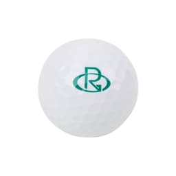 A white golf ball with a green logo, featuring a dimpled surface design.