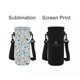 A drink bottle carrier featuring a light blue patterned design and a black version with a logo. Both have adjustable straps.