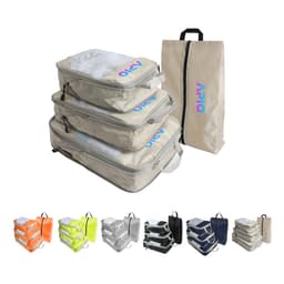 A set of travel packing cubes in various colours, including grey, orange, yellow, and black, with a branded carry pouch.