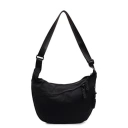 A black crossbody bag with a sleek design and adjustable strap, featuring a side zipper and logo.