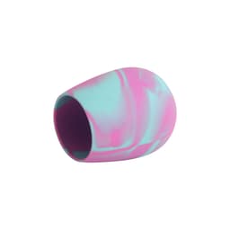 A custom egg-shaped silicone cup in a vibrant pink and turquoise colour with a smooth finish.