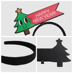 A festive headband featuring a cartoon Christmas tree with a red banner that says "Happy New Year!" in black and red.