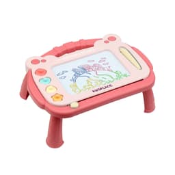 A pink magnetic drawing board with a stand, featuring a colourful drawing area and buttons in various shapes.