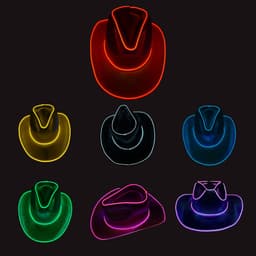 Brightly coloured cowboy hats with illuminated edges in red, yellow, green, blue, purple, and pink. Each hat features a unique design.