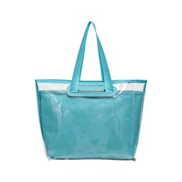 A turquoise tote bag with a detachable PVC cover and sturdy handles. It features a clear front panel and spacious interior.