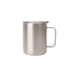 A stainless steel 10oz mug with a clear lid and a handle, featuring a sleek, polished finish.