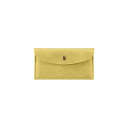 A yellow PU leather glasses pouch with a flap closure and a decorative button. Features a simple logo.