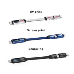 A 100W 3-In-1 aluminium charging cable in white, blue, and black featuring a digital display and logo.