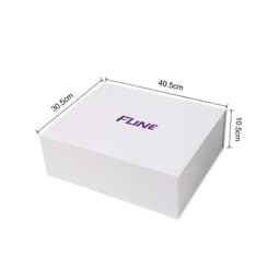 A large white foldable magnetic box with dimensions displayed. It features a logo on the top surface.