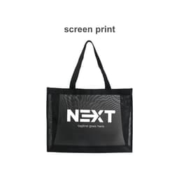 A transparent mesh tote bag in black, featuring a large logo on the front and sturdy straps.