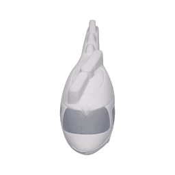A helicopter-shaped stress reliever in white and grey with a logo on the side.