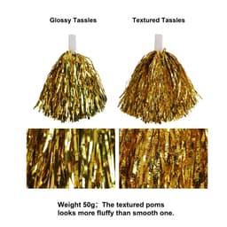 Two styles of cheerleading pom poms in gold: glossy and textured tassels, showing different surface finishes.