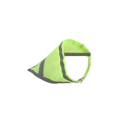 A reflective dog bandana in bright yellow and black, featuring a collar opening and a logo.