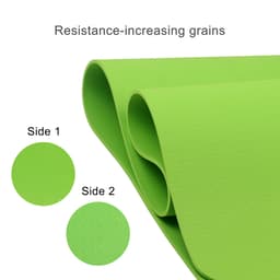 A green TPE yoga mat displaying two textured sides for grip, featuring a logo in one corner.