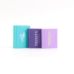 Three custom shape TPR erasers in turquoise, purple, and lavender, featuring various branding on the front.