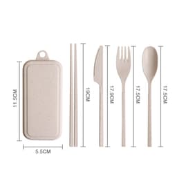 Four-piece set of travel utensils in a beige colour, including chopsticks, a knife, a fork, and a spoon, stored in a compact case.