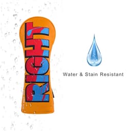 A bright orange custom golf head cover with blue lettering, featuring water and stain resistance.