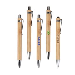A collection of eco bamboo pens featuring a wooden body and a metallic clip, with various logos displayed.