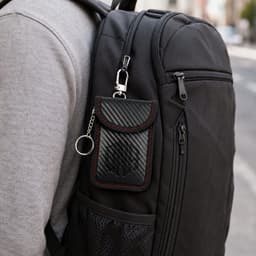 A black carbon fibre Faraday key pouch with red trim attached to a backpack.